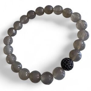 8mm Faceted Gray Chalcedony Agate Stretch Bracelet with Black Pave Spacer